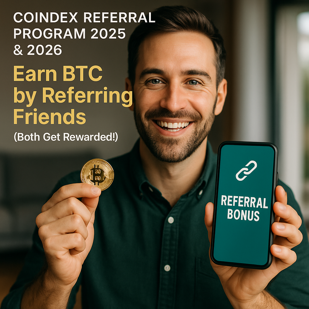 A smiling man holding a Bitcoin coin in one hand and a smartphone displaying "REFERRAL BONUS" in the other, with promotional text about the Coindex Referral Program 2025 & 2026.