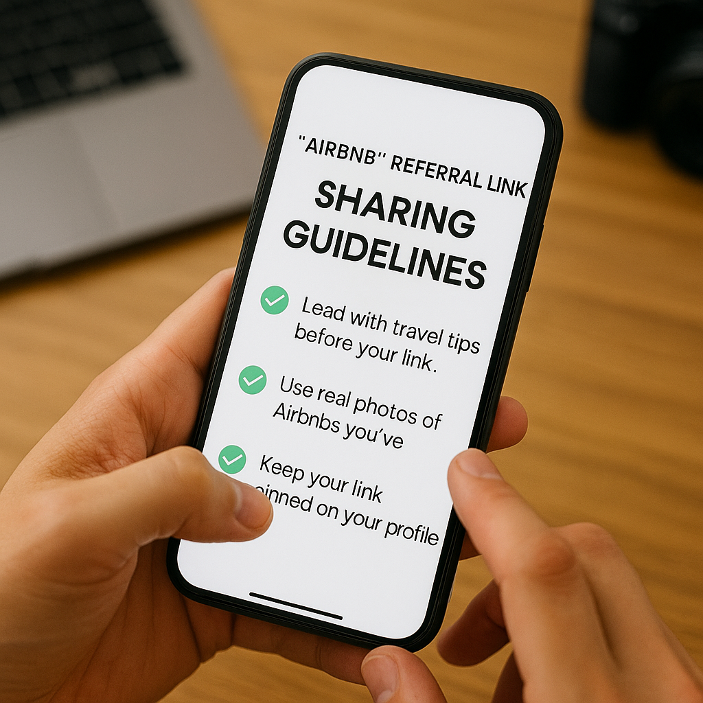 Person holding a smartphone showing Airbnb referral link sharing guidelines, with a blurred laptop and camera in the background.