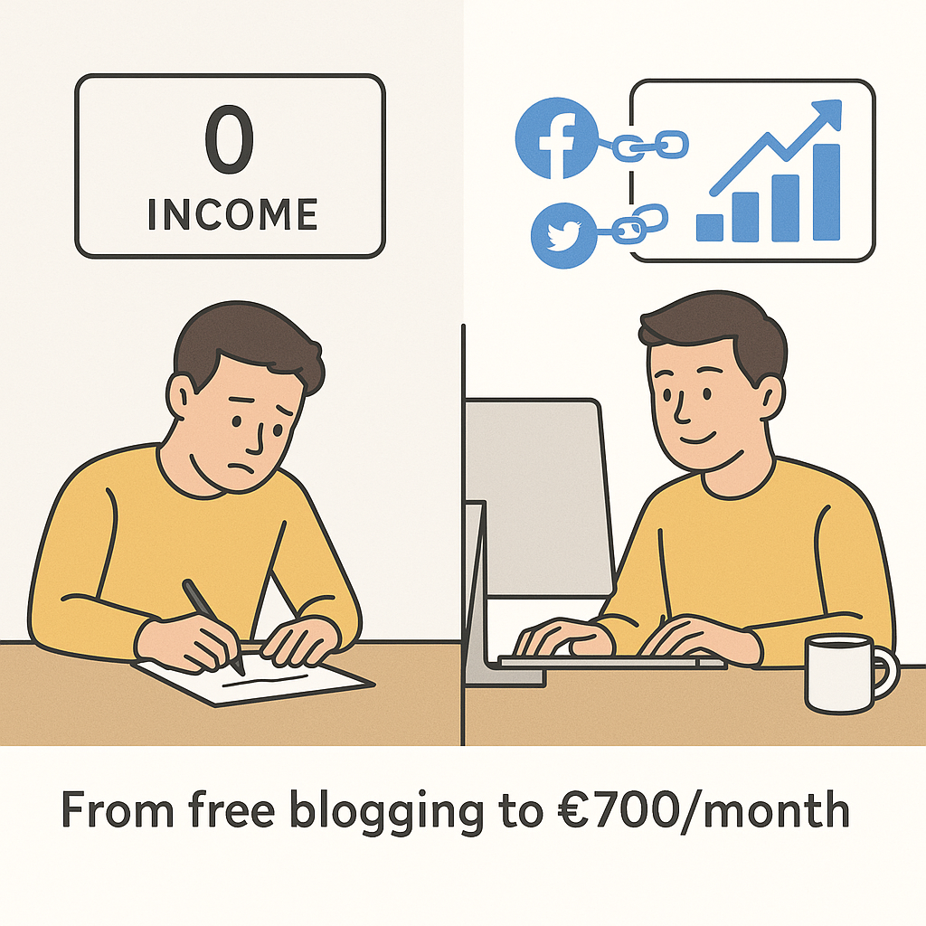 Two-panel illustration: Left side shows a sad person writing with '0 Income' above. Right side shows the same person smiling at a computer with social media links, a rising earnings chart, and a coffee mug. Caption: 'From free blogging to €700/month.