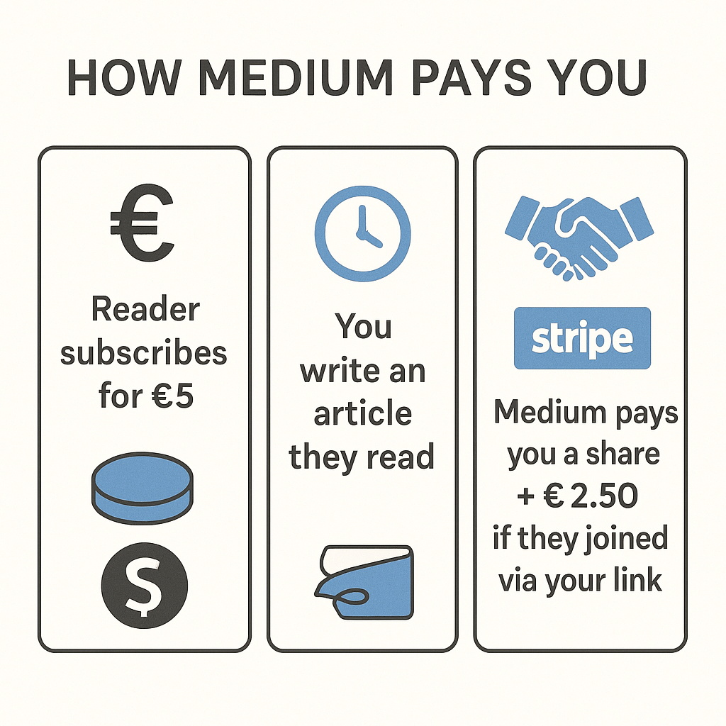 Infographic titled 'How Medium Pays You' with three panels. Panel 1: Euro symbol with text 'Reader subscribes for €5.' Panel 2: Clock icon with text 'You write an article they read.' Panel 3: Handshake and Stripe logo with text 'Medium pays you a share + €2.50 if they joined via your link