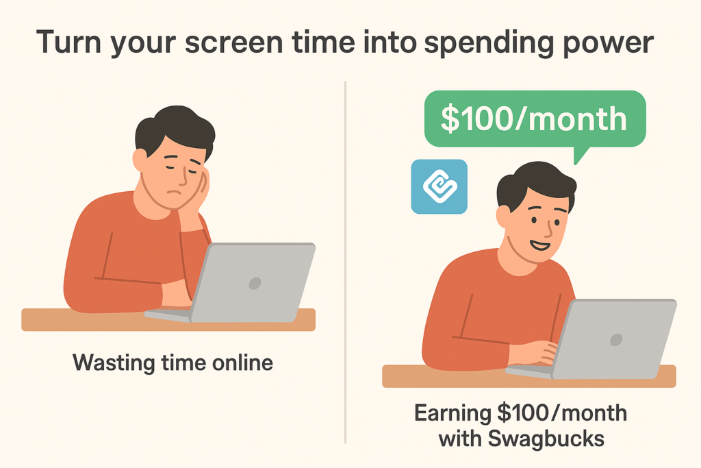 Side-by-side digital illustration comparing two scenarios. Left: a man looks bored while wasting time online. Right: the same man smiles at his laptop with a notification '$100/month with Swagbucks.