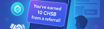 Digital illustration of a smartphone showing the SwissBorg app with a notification saying 'You’ve earned 10 CHSB from a referral!' Surrounded by glowing crypto icons (BTC, ETH, CHSB), a handshake symbol, and '+ $25' floating, with a background silhouette of a person sharing a referral link online.