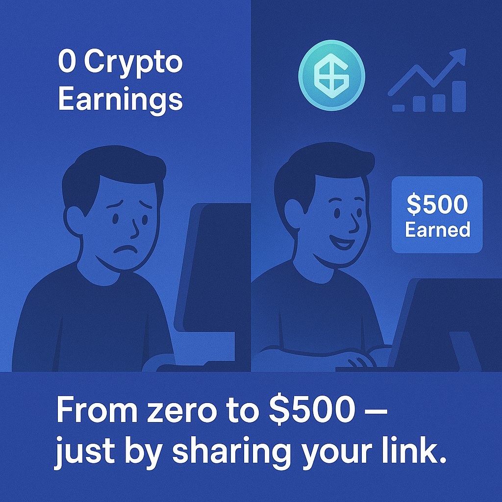 Split-panel illustration showing a man with 0 crypto earnings on the left and the same man smiling with $500 earned on the right. CHSB token and upward graph icons reinforce the growth. Text at the bottom reads: 'From zero to $500 — just by sharing your link.
