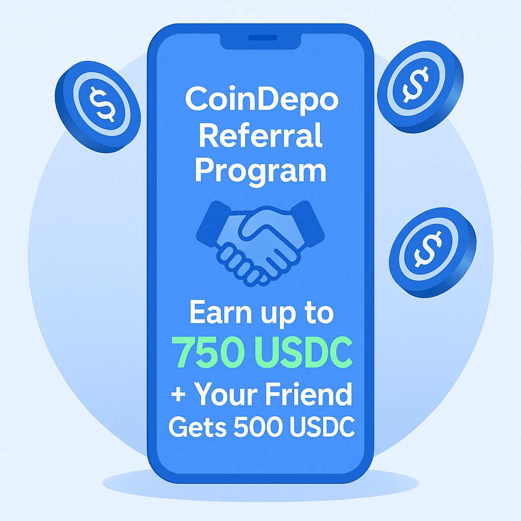 CoinDepo referral program illustration showing smartphone, handshake, and USDC coins with rewards of up to 750 USDC for you and 500 USDC for your friend