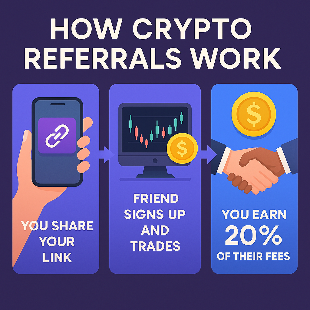 Infographic explaining how crypto referral programs work in three steps: share your link, friend signs up and trades, and you earn 20% of their fees.