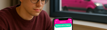 A university student using the Flink app on their smartphone at a study desk with textbooks and a laptop. Outside the dormitory, a Flink delivery van arrives. Floating icons highlight student discounts, referral rewards, and multilingual support.