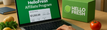 Professional home office with HelloFresh meal kit box, laptop showing affiliate earnings dashboard, and smartphone displaying commissions – HelloFresh affiliate program concept.