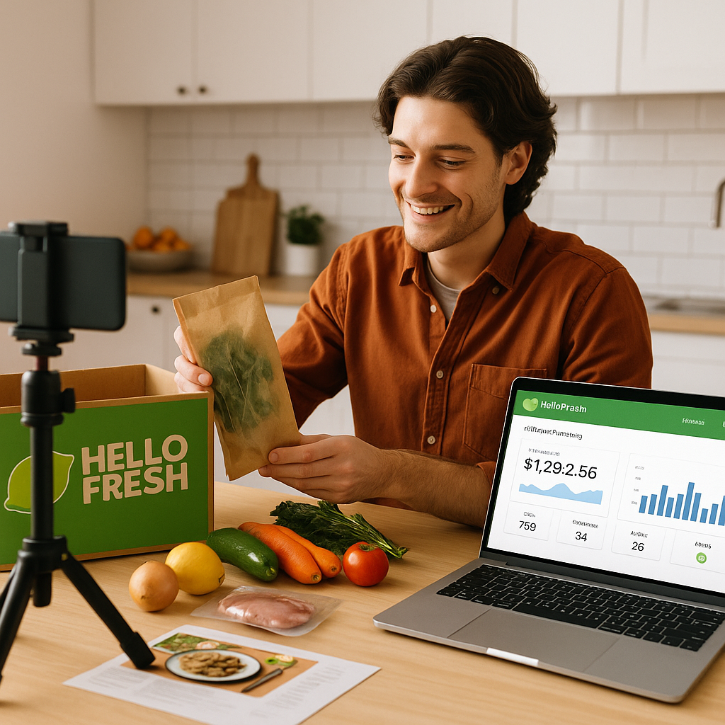 Content creator recording a HelloFresh unboxing video in a modern kitchen, with a laptop showing affiliate earnings dashboard, fresh ingredients on the table, and a smartphone on a tripod — perfect for HelloFresh affiliate marketing promotions.