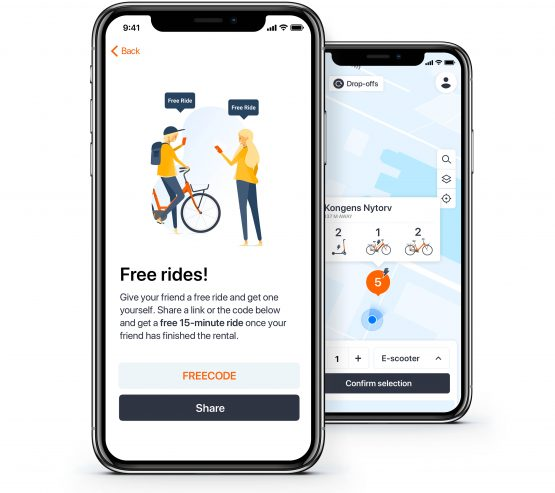 Two smartphones displaying the Donkey.bike app interface, one showing a 'Free Rides' promotion screen with illustrated characters, and the other displaying a map with bike and e-scooter options.
