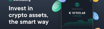 SwissBorg app promotional image showing crypto investment balance and popular coins like Bitcoin, Ethereum, Binance, and USDC with the tagline Invest in crypto assets the smart way