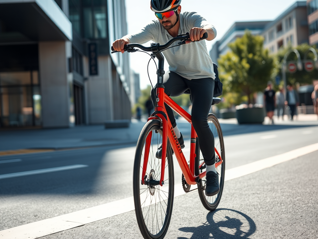 A cyclist riding a bright red bike on a city street, wearing a helmet and sunglasses, with modern buildings in the background.
