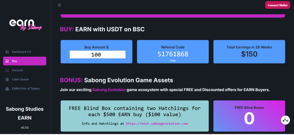 Sabong Studios EARN dashboard interface showing a $100 package purchase, referral code 51761868, total earnings of $150 in 26 weeks, and a bonus Free Blind Box offer for Hatchlings in the Sabong Evolution game ecosystem.
