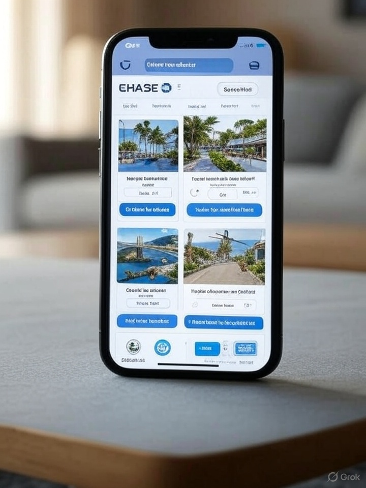 Close-up of a smartphone screen showing the Chase Travel portal homepage with visible reward points and cashback offers, placed on a wooden table.