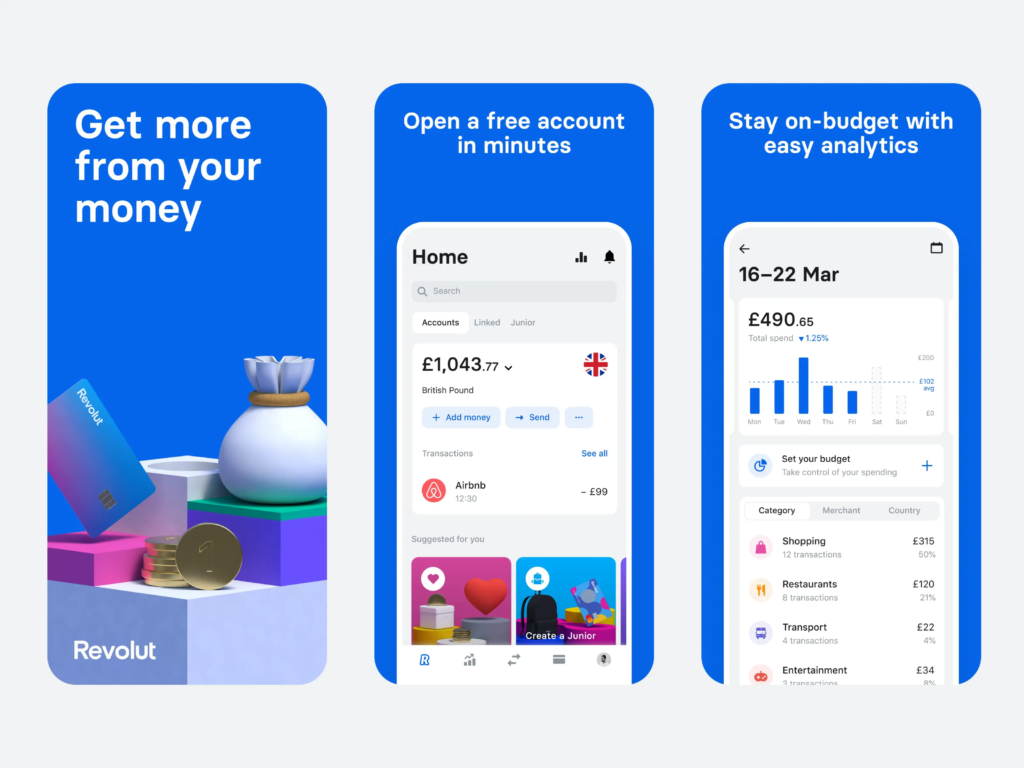 It provides readers with a realistic look at how the Revolut app appears, instantly adding credibility to your walkthrough. A close-up screenshot of the Revolut mobile app, showing a clean interface with information like balance and transaction charts.